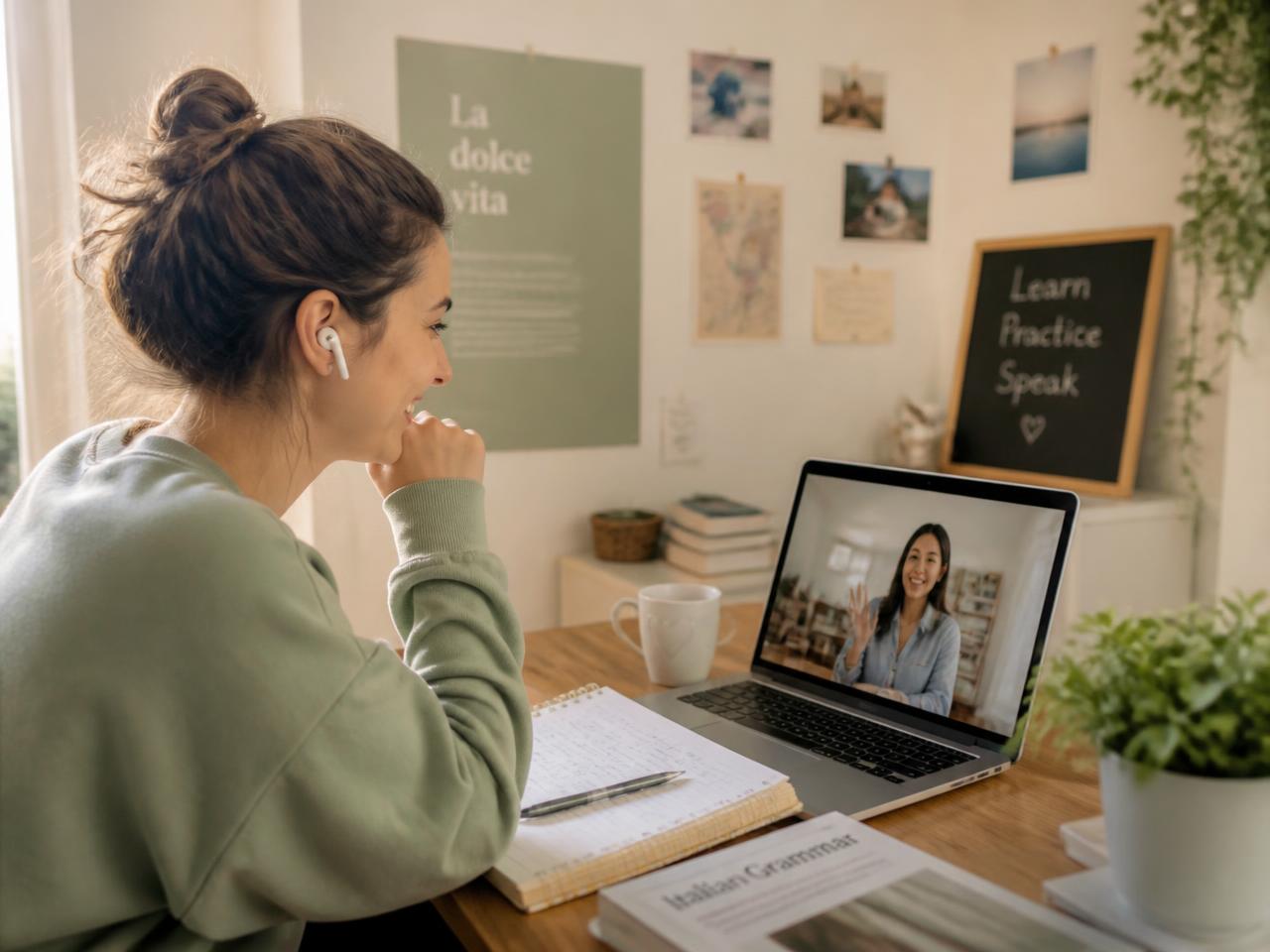 Aluna sorrindo durante uma aula particular de idiomas online no computador, em casa