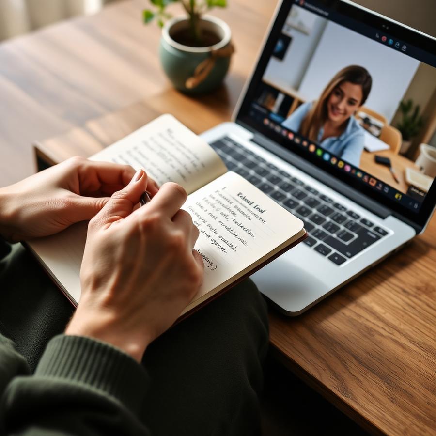 Anotações de vocabulário em inglês ao lado de um notebook em videochamada