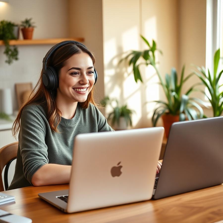 Aluna sorrindo com fones durante uma aula de idiomas online na cozinha