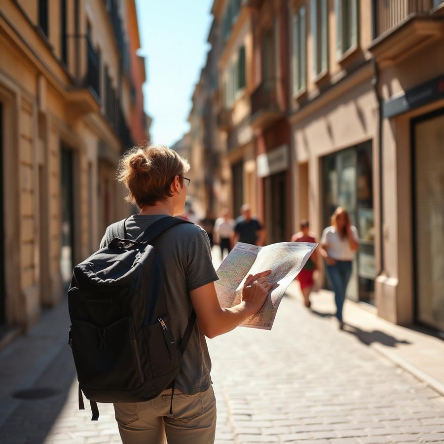 Viajante com mochila caminhando por uma rua europeia com um mapa nas mãos